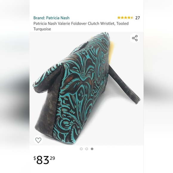PATRICIA NASH Valerie Turquoise Aqua Brown FLoral Tooled  Foldover Clutch Purse - Picture 7 of 8